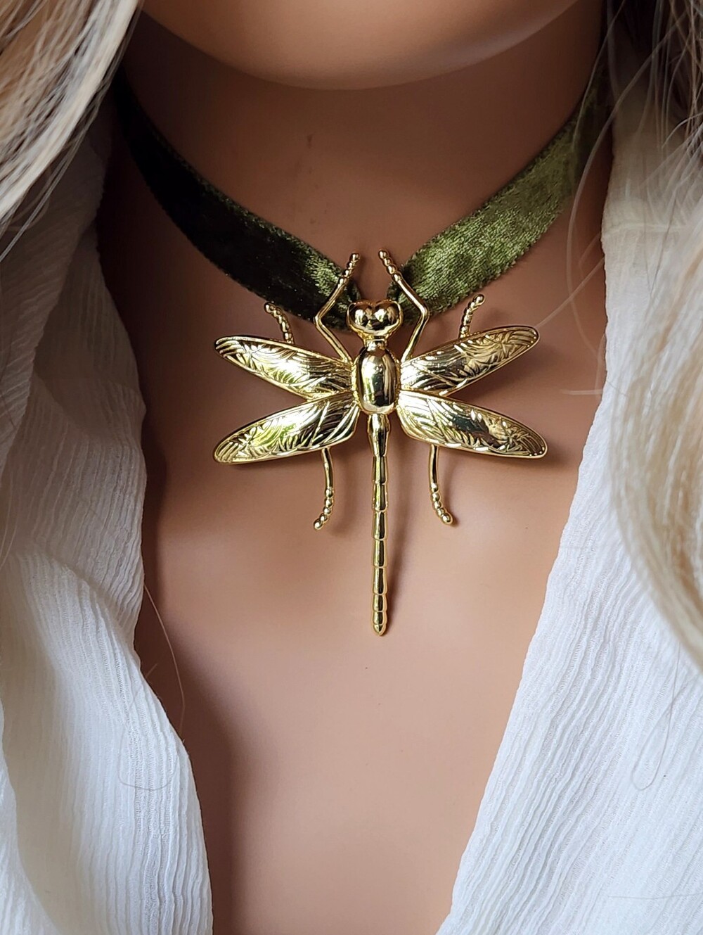 Contemporary Necklace Velver Choker Large Gold Pendant Dragonfly